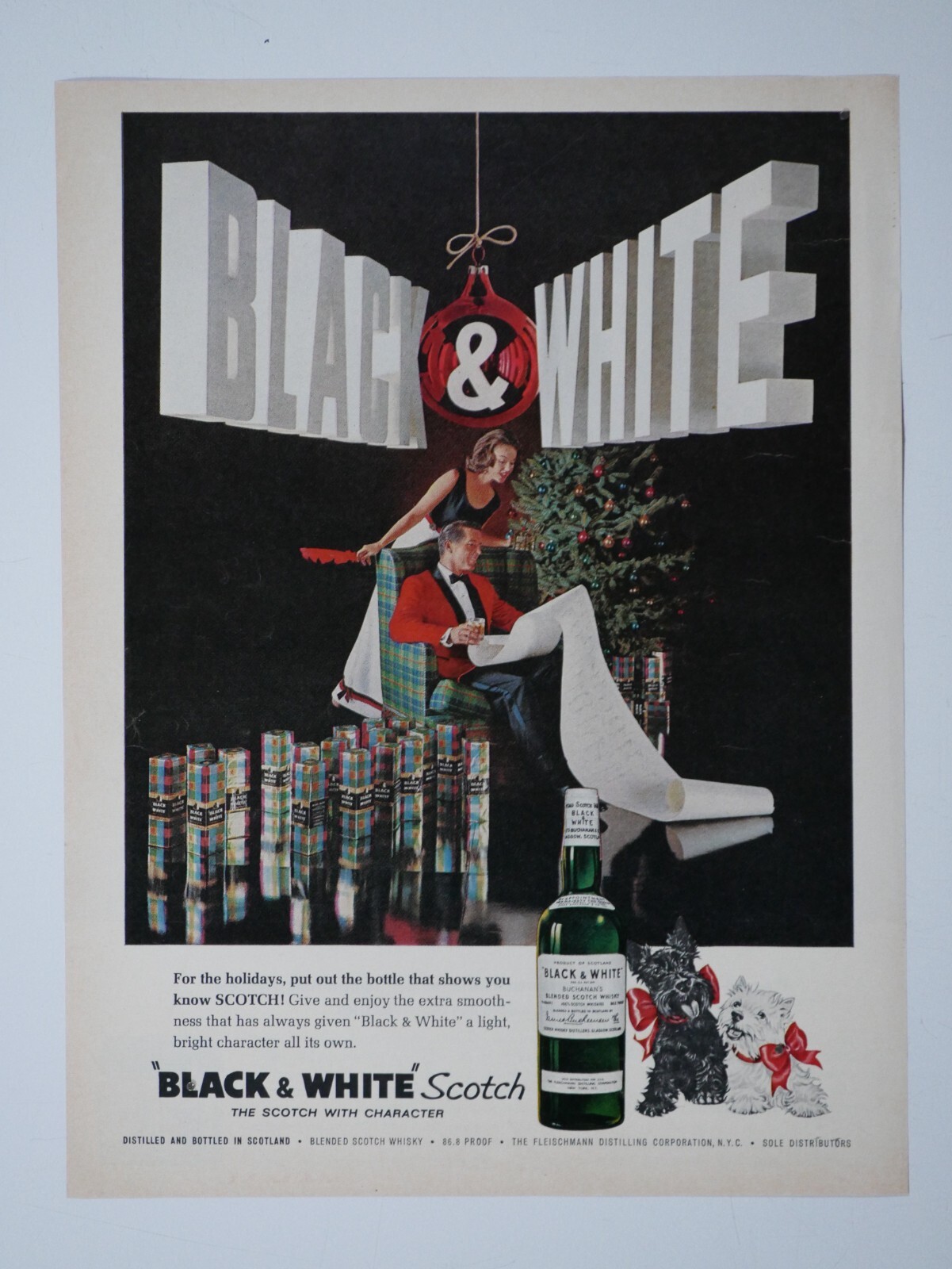 Black & White Scotch Christmas Tree & Gifts Vintage 1963 Original Print Ad