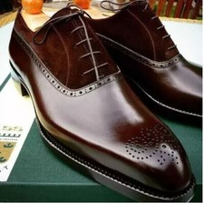 Men's Handmade Brown Premium Quality Leather, Suede Brogue Lace Up Dress Shoes