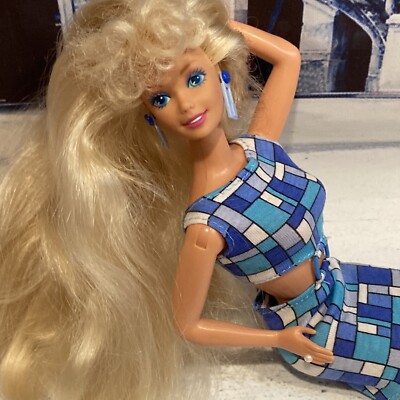Barbie Mod Dress & Long Blonde Hair & Jewelry Superstar Face Sculpt -Vintage  