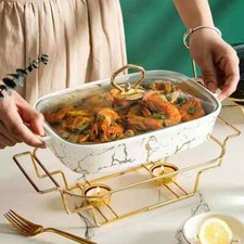 LARGE 15" Ceramics Chafing Dish Rectangle Chafers & Buffet Warmers W/Glass Lid
