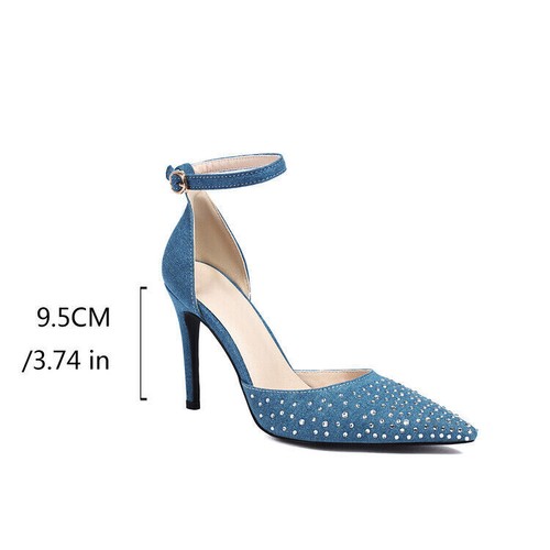 Bling Rhinestones Pointed Toe Party Pumps Womens High Heels Ankle Strap Shoes - Picture 11 of 26