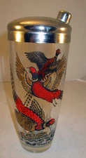 Vintage glass cocktail shaker with lid, cap, and pheasant theme