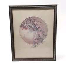 Vintage Framed John Cheng Finches in Blossom Tree Print 18X22 (distressed) paper
