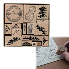 Map Making Stamp Kit,Mountains Rivers Forests Buildings Wooden Mounted Stamps AE