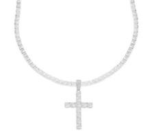 Tennis Necklace Silver Finish Lab Diamonds 4mm Chain 28 inches Icy Cross Pendant