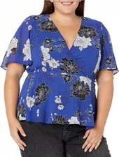 New City Chic La Fleur Blue Floral Blouse XXL Flutter Sleeve Faux Wrap Chiffon