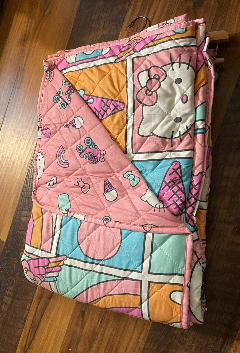 Hello Kitty Reversible TWIN Sz Quilt Quilted Blanket Rollerblades Rainbow  Pink