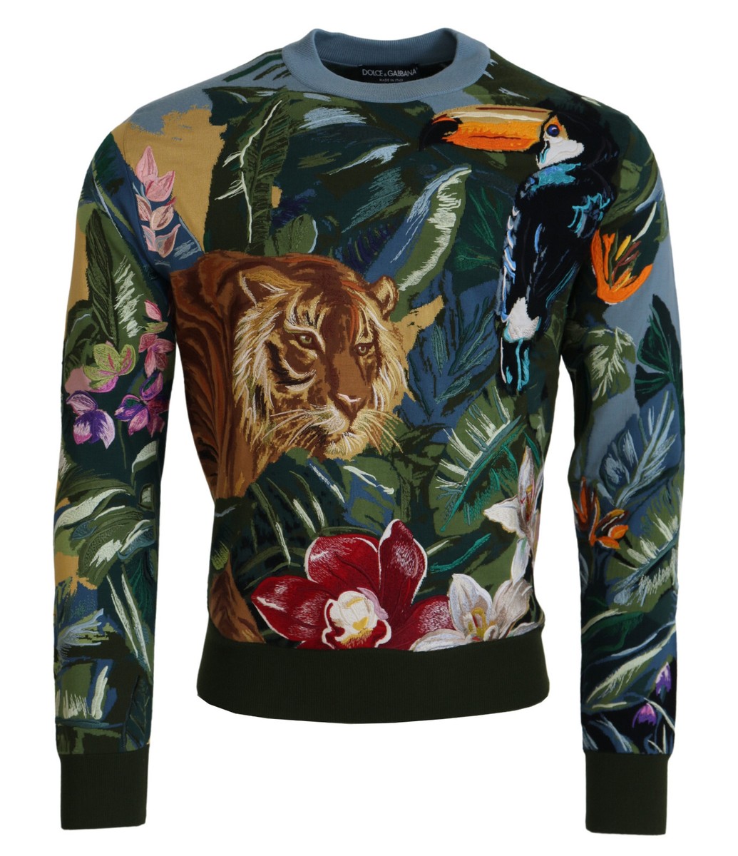 DOLCE GABBANA Sweater Jungle Wool Silk Pullover Logo IT50 US40 L  4500usd