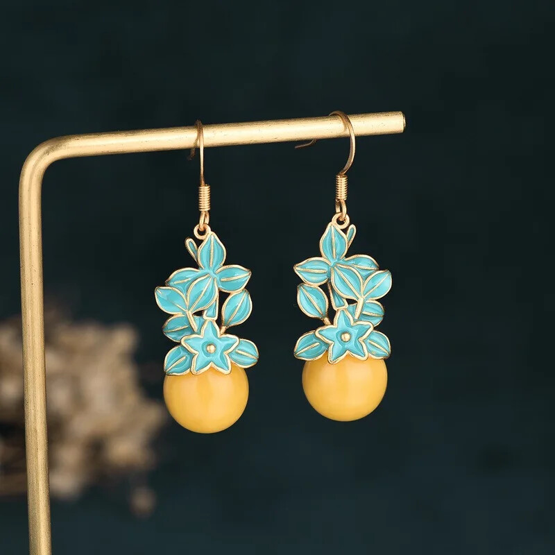 Exquisite China-Inspired Enamel Flower Copper Gold-Plated Women Earrings