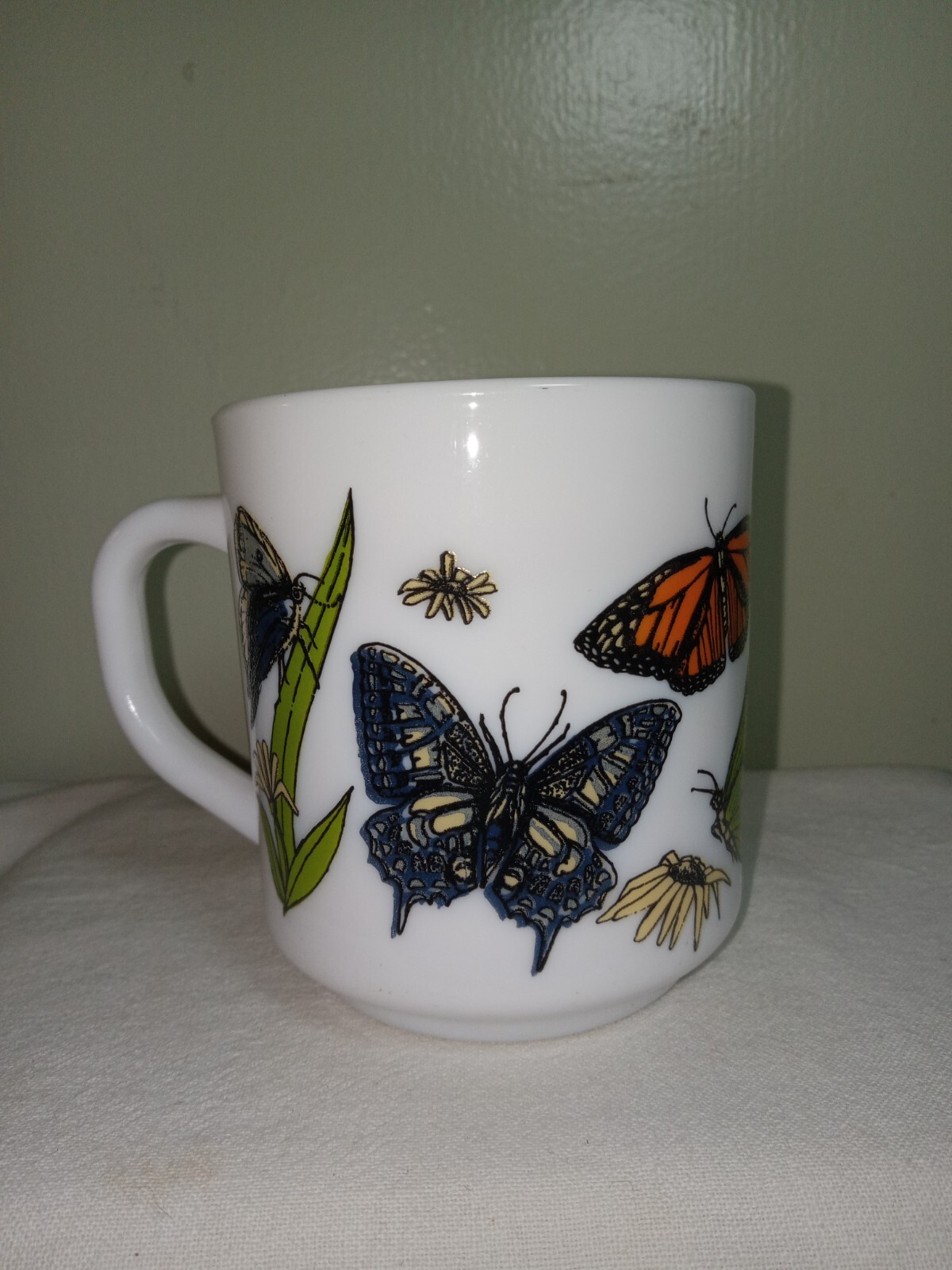 Vtg Arcopal France Butterfly Milk Glass 8 Oz Mug Signed R. Carman 1960's