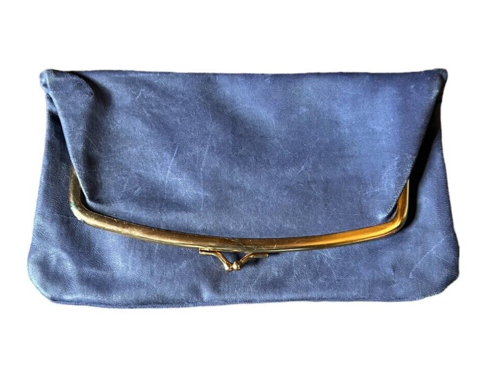 Vtg 1950s Budd Leather Blue Foldover Clutch w/Kiss Clasp Attached Change  Purse