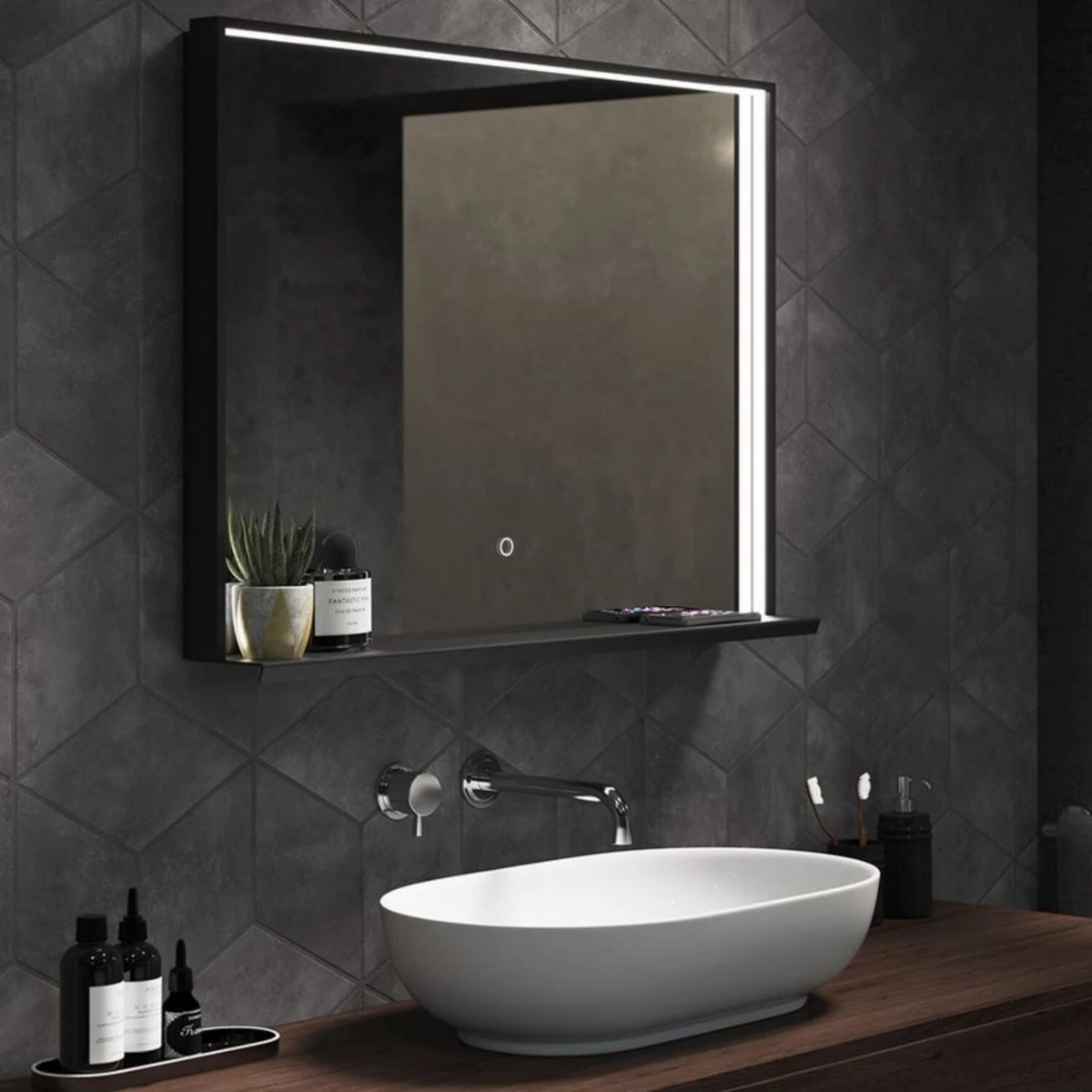 Led black outlet bathroom mirror
