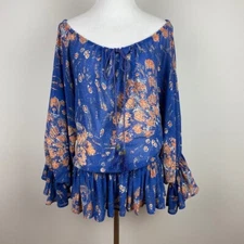 Moda International Top Women M Blue Floral Ruffle Sheer Bell Sleeve Boho Peasant