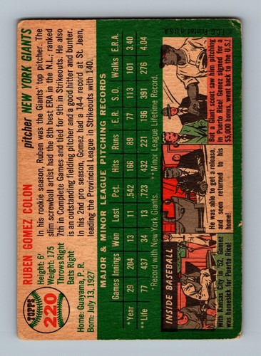 1954 Topps #220 Ruben Gomez Rookie LOW GRADE Baseball Card - Picture 2 of 2