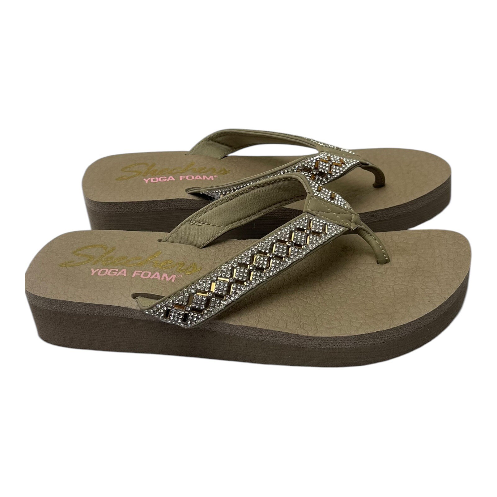 Skechers Cali Vinyasa Beige Wedge Sandals Sz Flip Flops Yoga