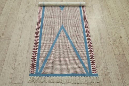 Large Red Blue Runner Rug Washable Cotton Dhurrie Hallway Indoor Area Carpet - Picture 8 of 12