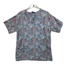 Carols Scrubs Size M Scrub Top Blue With Flower Pattern Pockets Medical Nurse