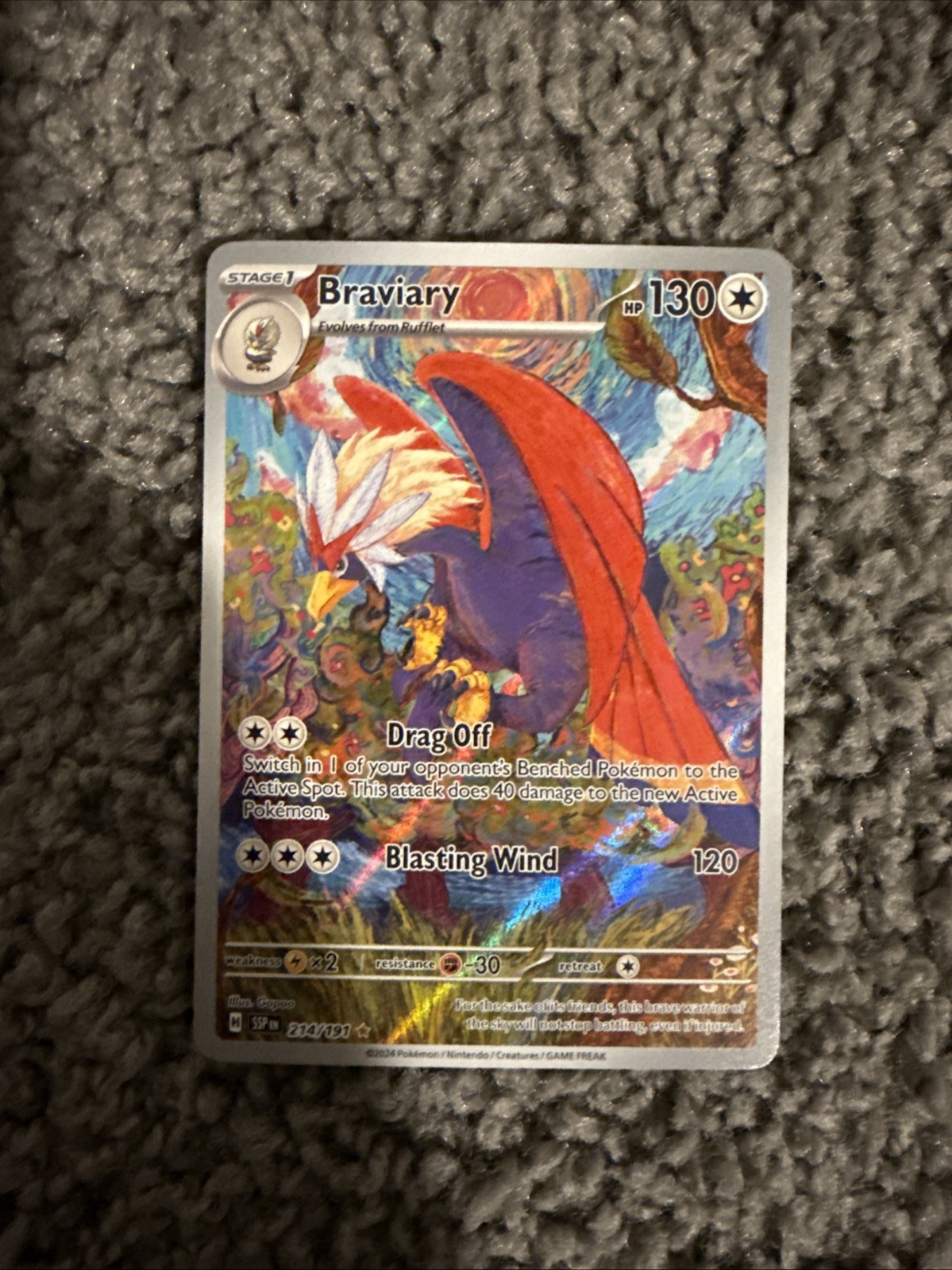 Braviary Illustration Surging Sparks Rare Pokemon TCG Card 214/191