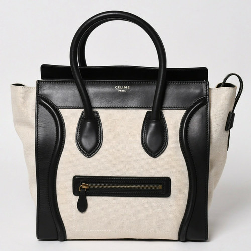 CELINE Luggage Medium Shopper Handbag Cotton Leather Black Beige
