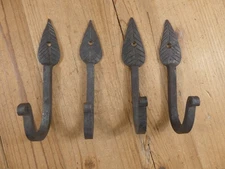 4 IRON LEAF HOOKS Coat Hat Entryway Hook 5 1/4" Long Hand Forged **SOME RUST**