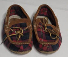 Lands End Mens Size 9 Plaid Moccasin Slippers Fleece Lined Rubber Sole Shoes