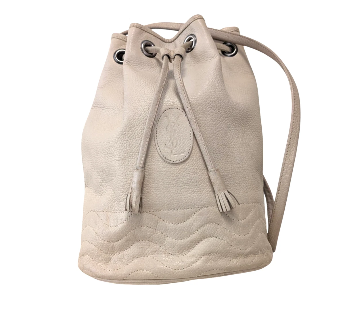 Saint Laurent Teddy Pochon Drawstring leather Backpack shoulder bag Ivory silver The Blanc Vintage Jamie Pochon Bag by Saint Laurent moves  main image 2