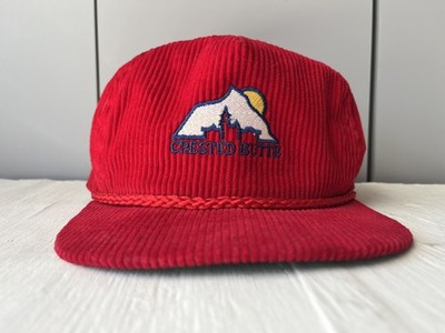 Vtg 80s Crested Butte Colorado Ski Red Corduroy Rope Hat Imperial Headwear USA
