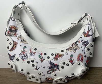 NWT Ed Hardy Studded Hobo Shoulder Bag - Skulls & Hearts - White