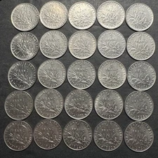 France Coin Lot - 25 One Franc Coins - PURE NICKEL Stacker Metals Melt Value