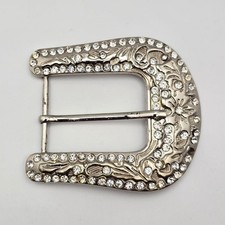 VTG Western Silver-Tone Belt Buckle 3" Floral Design Rhinestone Accent Fits 1.25