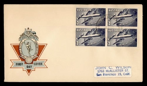 DR WHO 1958 AUSTRALIA FDC QANTAS FLIGHT BLOCK 2S M71663