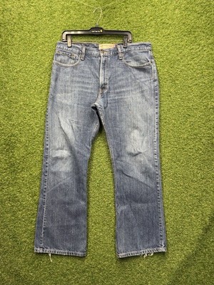 Levis 527 Jeans Mens 38x32 Low Boot Cut Medium Wash Whiskering Distressed Cowboy