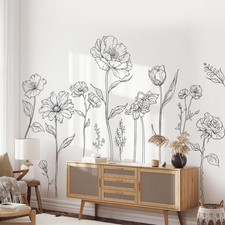 Large Black Boho Flower Wall Decals, 3 Sheets Simple Sketch Floral Wall Stickers