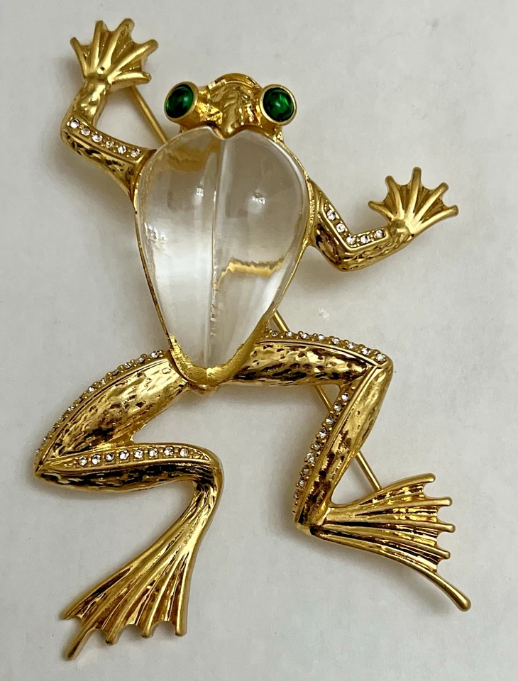 Crystal Rhinestone Frog Brooch Jelly Belly Pin Glass Clear Large Green Eye Toad - Image 2 of 4