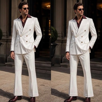 White Striped Men's Suits Business Formal Dinner Jacket Double Breasted Coat