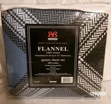 CHEVRON QUEEN SIZE FLANNEL SHEET SET BLACK BLUE WHITE BIBB SOLD AS IS
