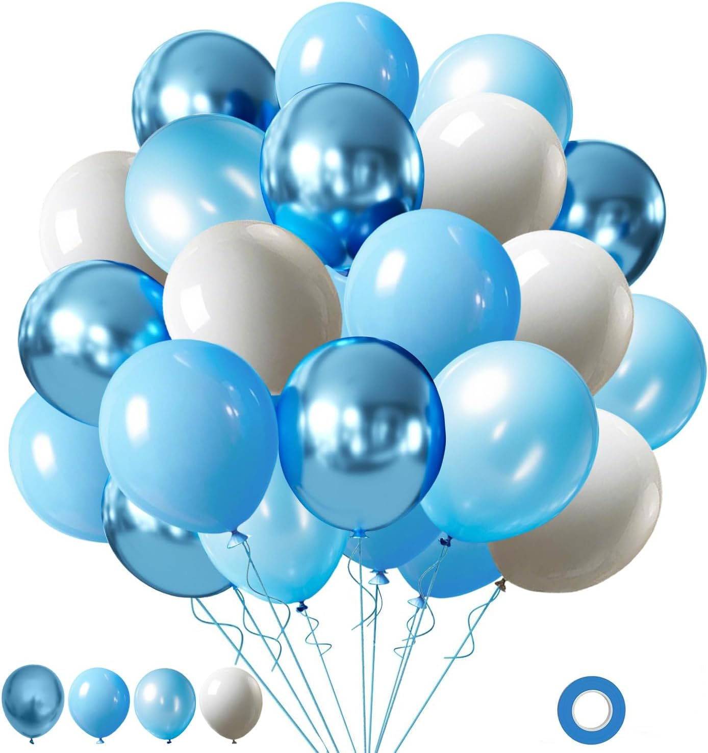Light Blue and White Balloons,65Pcs 12Inch Metallic Blue Pearl Blue Matte White