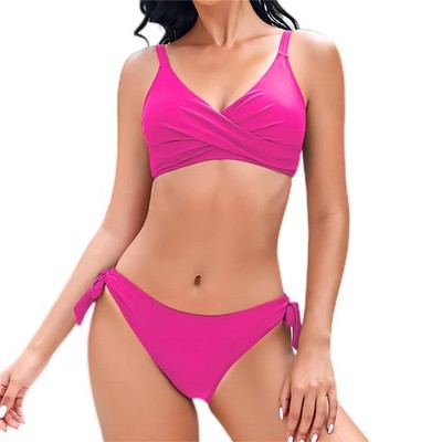 CUPSHE Damen Bikini Set Figurformend Push Up Wickeloptik Pink Rosa XL Badeanzug