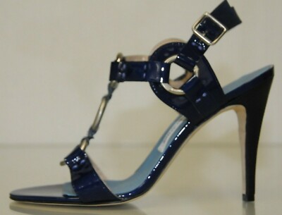 $965 New Manolo Blahnik Navy Blue Patent Leather Strappy