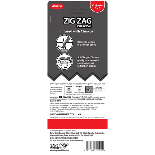 4No. Colgate Zig Zag Charcoal Toothbrush -Medium - Removes Germs- Free ship - Picture 14 of 14