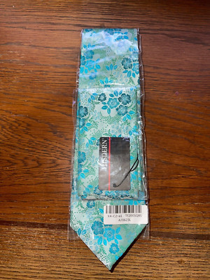 Hisdern Men's Green Blue Floral Silk Neck Tie + Pocket Square - NWT
