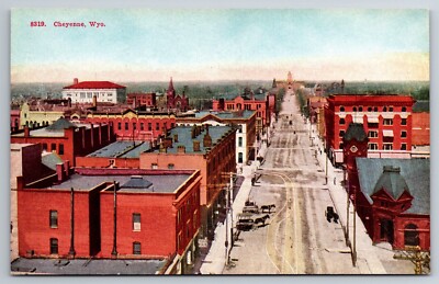 Vintage Postcard WY Cheyenne Aerial View Horses Cart Bldgs