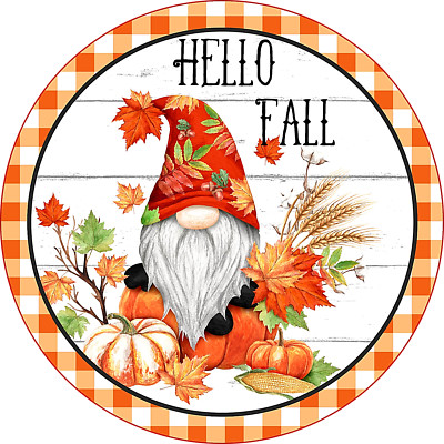 GNOME HELLO FALL Design on Barnwood Style  Metal Sign (READ DESCRIPTION)