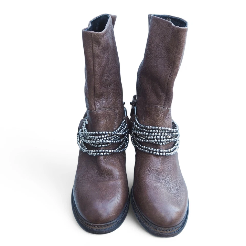 Vera Wang Cuero Estrás Arnés Moto Estilo Tacón Botas Marrón Para Mujer 10M Foto 3 de 4