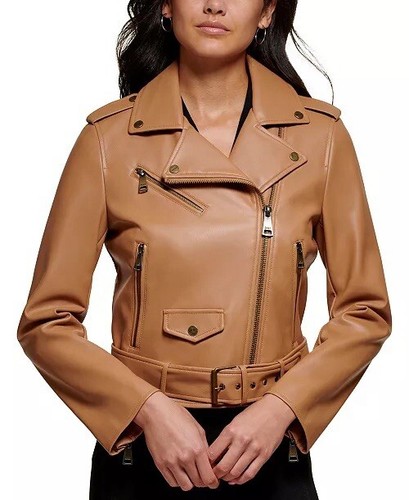 DKNY Motorcycle Jacket Women’s Moto Jacket Sz L Faux Leather Camel Brown Jacket - Picture 4 of 11