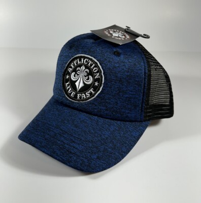 AFFLICTION Space Dye Live Fast Patch Snapback Trucker Hat Blue Black Men's *NEW*