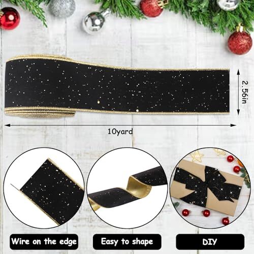 Vintage Black Wired Edge Ribbons 2.5" 10 Yards Black Velvet Glitter Ribbon Gi... - Foto 2 di 7