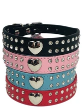 Dog Collar Rhinestone Heart Adjustable Bling Faux Leather  XXS XS S M