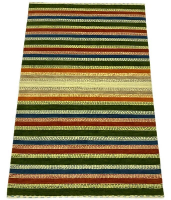 Tapis 100% Laine Multicolore Orange Bleu Vert Beige Gabbeh Tissé à la Main - Photo 1/4