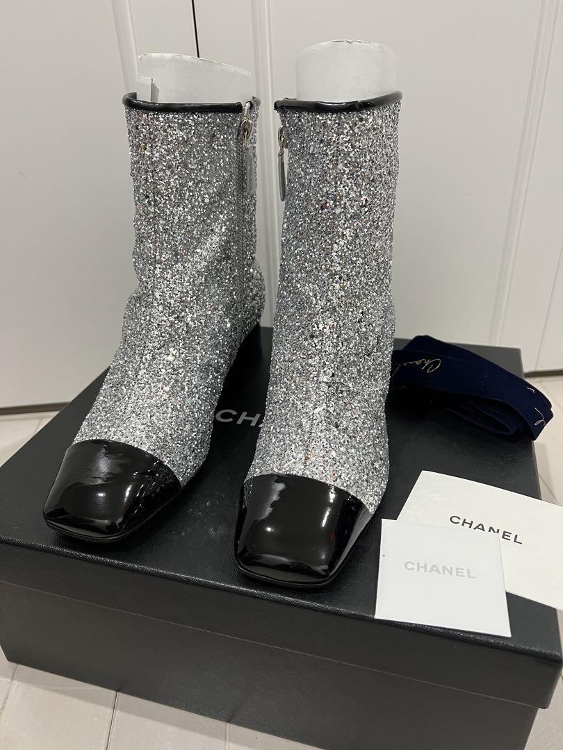 CHANEL G33221 Silver Glitter Black Patent Short Boots with CHANEL G33221 Silver Glitter Black Patent Short Boots with